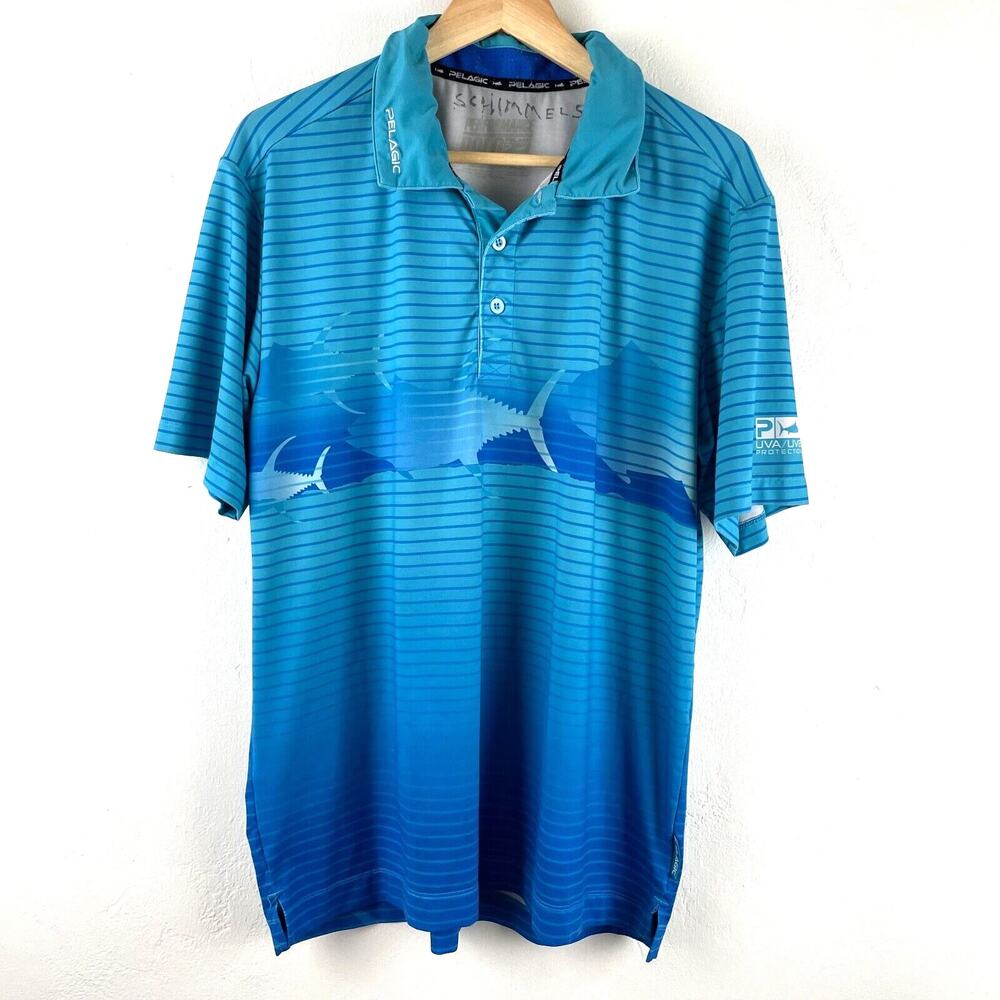 Pelagic Performance‎ Polo Shirt Men's Size Medium UVA UVB Protection Fish Stripe